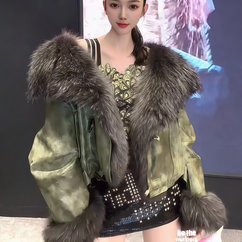 冬季翻领绿色短款皮毛一体外套女