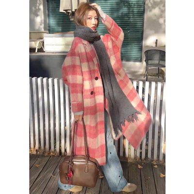 长款粉红色立领格纹款毛呢外套女