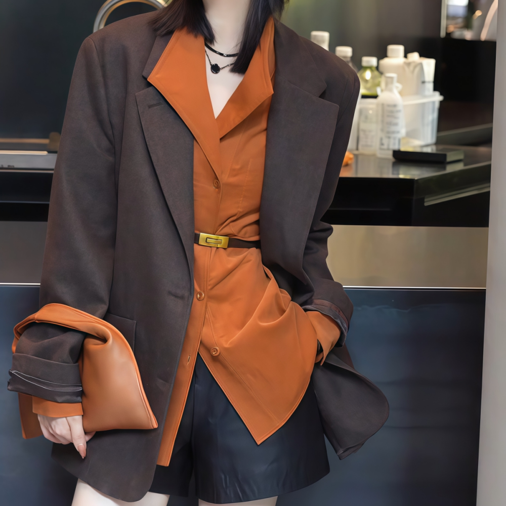 直筒棕色西装加橘色衬衫两件套女