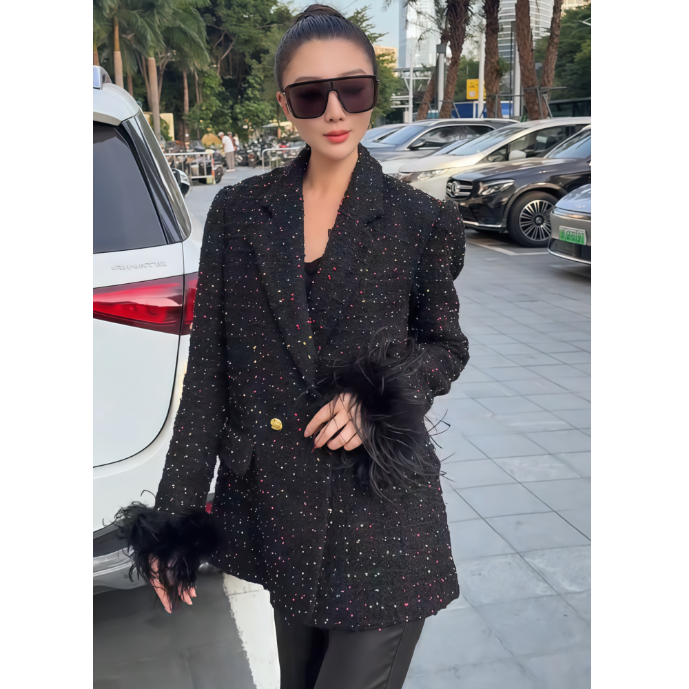 女神范黑色拼接毛毛袖口毛呢外套