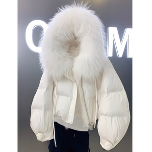 2025年冬季新款韩系时尚范气质大毛领短款甜酷白色连帽棉衣服女装