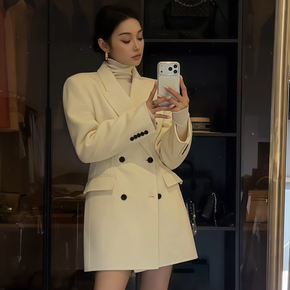 中长款米白色双排扣毛呢外套女装