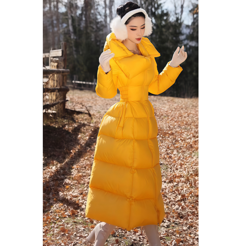 2025冬季新款韩系简约修身女神范长款纯色连帽收腰羽绒大衣外套女