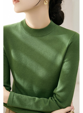 冬季新款长袖内搭打底上衣羊毛针织衫女装豌豆绿加厚款半高领毛衣