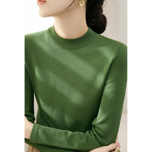 冬季新款长袖内搭打底上衣羊毛针织衫女装豌豆绿加厚款半高领毛衣