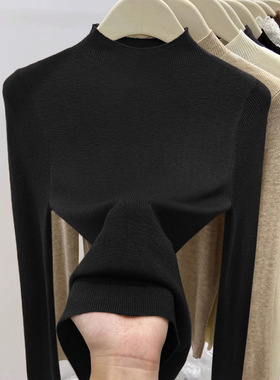 2024秋季新款黑色长袖针织衫女装纯色羊毛修身打底上衣半高领毛衣