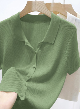 丛林绿翻领设计薄款宽松显瘦短袖针织开衫夏季新款POLO领T恤上衣