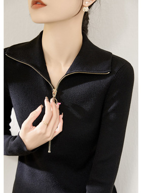 黑色翻领半拉链设计长袖针织衫女装修身内搭高领毛衣冬季新款上衣