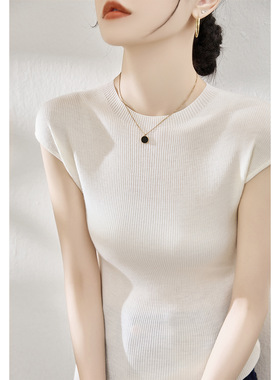 2025夏季新款女装白色圆领包肩袖针织衫薄款修身显瘦短袖T恤上衣