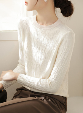 纯色羊毛长袖针织衫上衣女装新款秋季黑色肌理感设计毛衣气质圆领