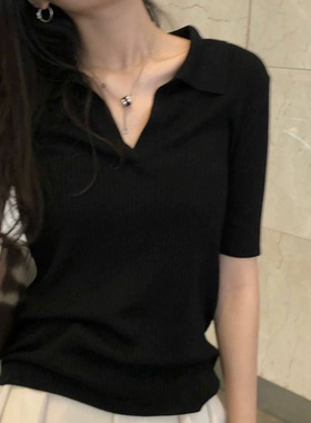 黑色高级感POLO领v领短袖针织衫女2025年春季新款修身显瘦T恤上衣