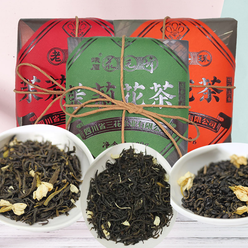 成都三花茶叶精制版300g经典套装茉莉老三花蟹目香珠峨眉花毛峰茶