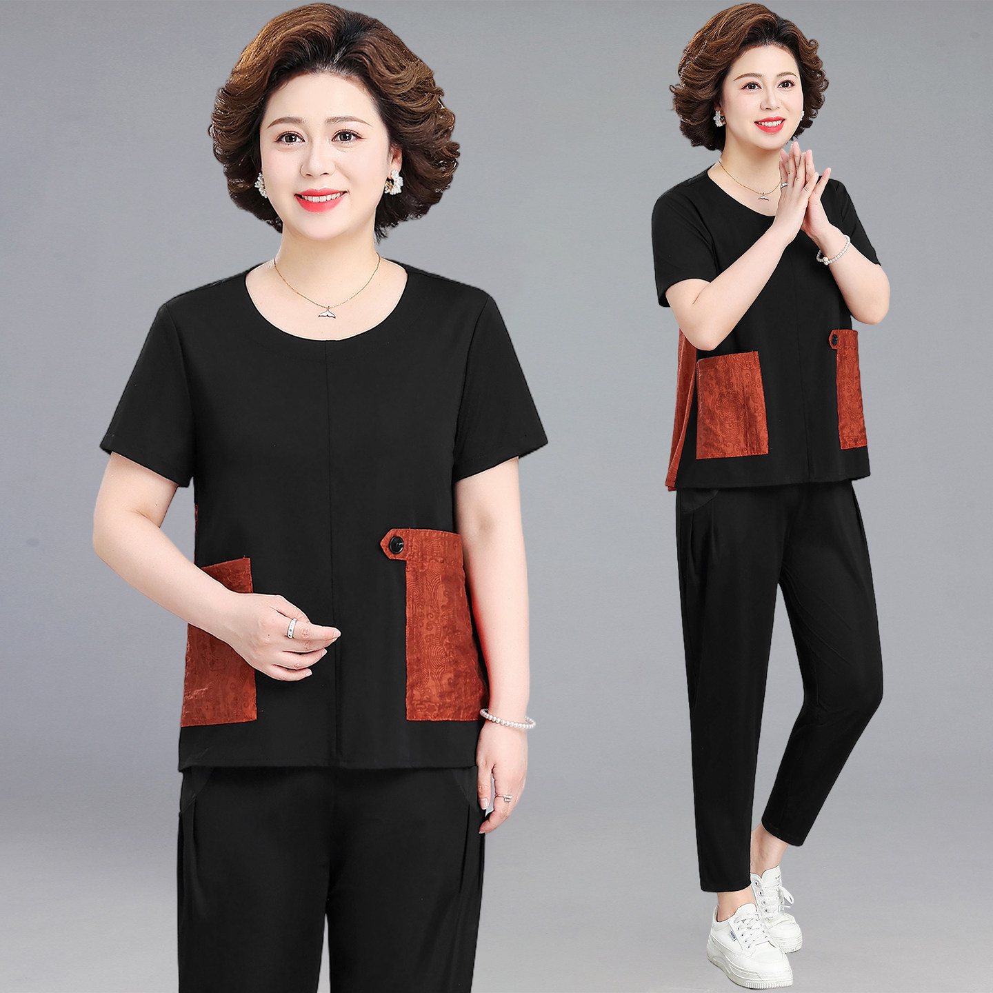 中年胖妈妈夏装运动休闲套装新款大码中老年人女t恤上衣两件套