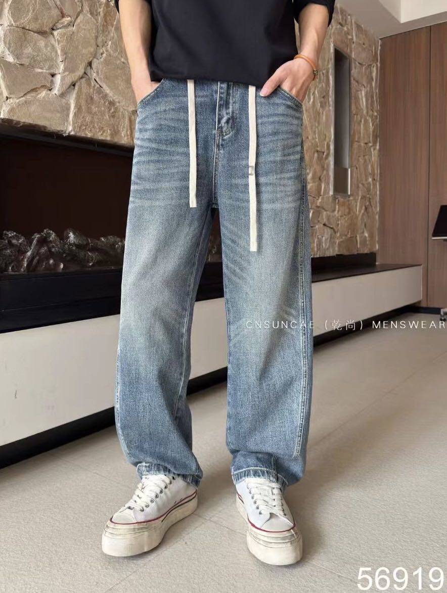 沿界春季新款美式复古水洗做旧牛仔裤男潮牌设计感宽松直筒阔腿裤