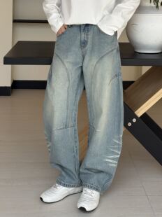 oversize春季美式解构雪花牛仔裤男时尚百搭痞帅宽松直筒弯刀长裤