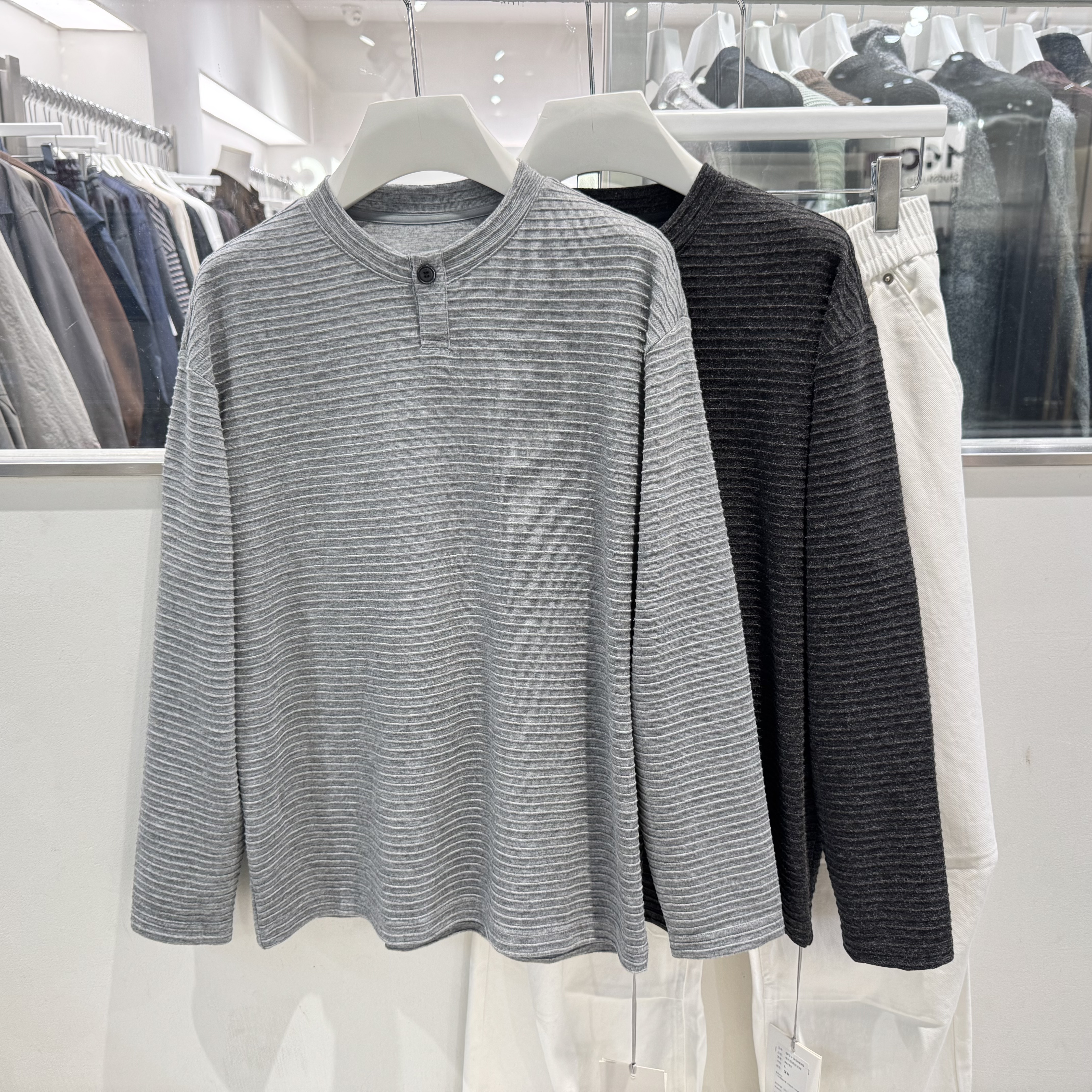 2026春季新款亨利领长袖T恤男士百搭宽松复古体恤衫休闲打底衫潮