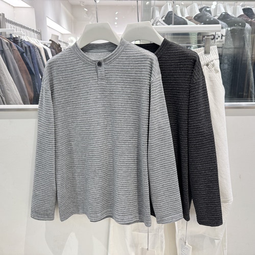 2026春季新款亨利领长袖T恤男士百搭宽松复古体恤衫休闲打底衫潮