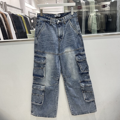 春季限定美式复古多口袋工装牛仔裤男高街设计感直筒宽松阔腿裤潮