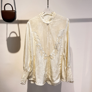 高级感真丝欧根纱新中式衬衫女士显瘦法式蕾丝拼接宽松轻国风上衣