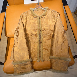 欧洲站气质高端真丝缎提花填充桑蚕丝棉衣新中式 拼接水貂毛棉服女