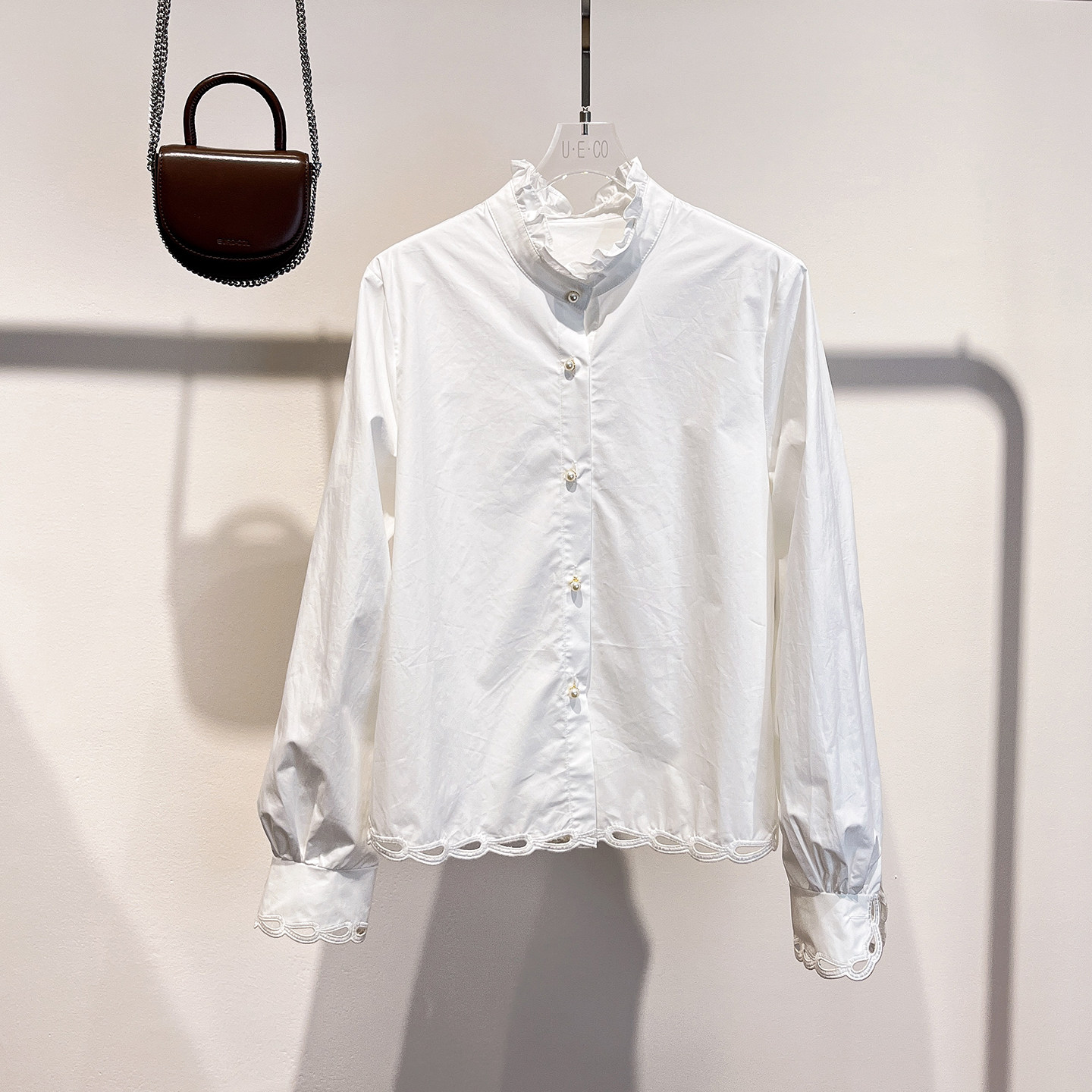 美翻！浪漫法式！宽松木耳边立领长袖镂空刺绣棉衬衫上衣女