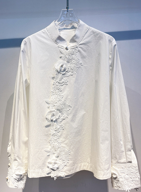 欧洲站春装新款国风新中式重工立体花边斜襟立领长袖棉衬衫上衣女
