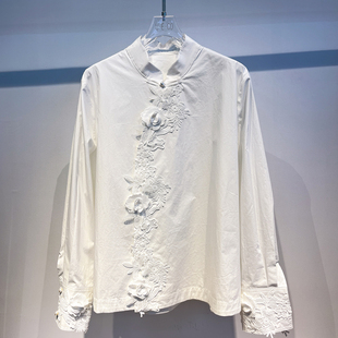 欧洲站春装新款国风新中式重工立体花边斜襟立领长袖棉衬衫上衣女