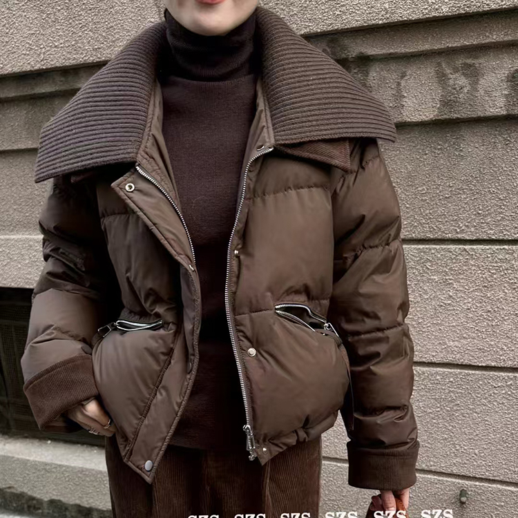 欧洲站253133针织毛线领拼接小个子短款羽绒服2025冬款白鸭绒外套