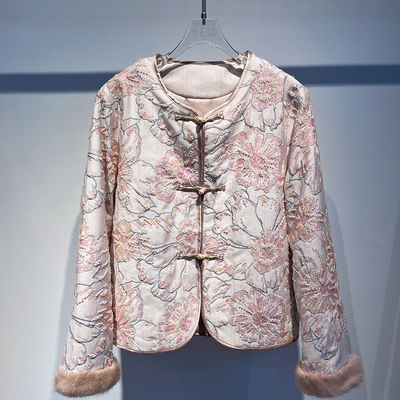 轻奢重工钉珠新中式加棉外套女冬装新款国风高级感袖口水貂毛棉衣