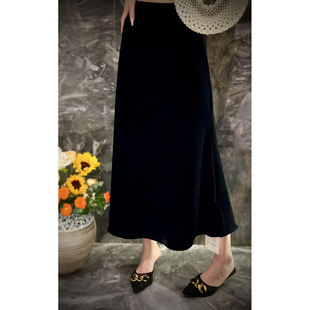 宽松显瘦百搭黑色丝绒半身裙女 复古松紧腰A版 欧洲站2025秋季 新款