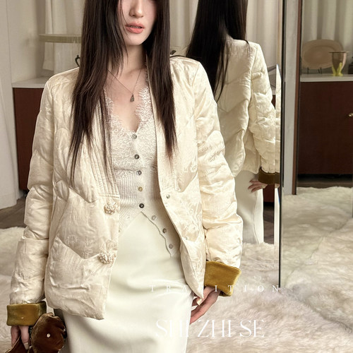 欧洲站冬装新款时尚气质V领新中式显瘦保暖羽绒服95白鸭绒外套女