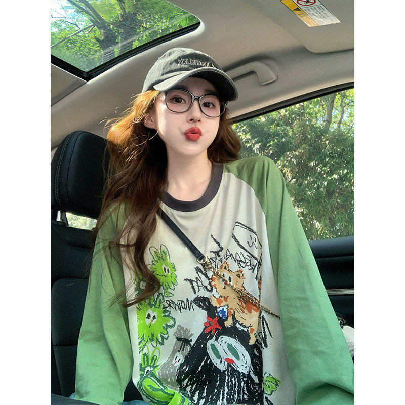 撞色插肩长袖T恤女2026新款春季卡通涂鸦复古慵懒罩衫宽松上衣薄