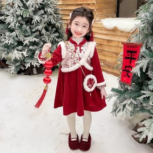 儿童新款国风2025喜庆新年女童加绒加厚拜年服亮丝连衣裙宝宝冬装