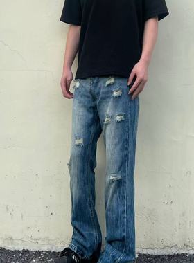 JQ2ALSO美式高街闪电爆裂纹蓝色牛仔裤潮直筒微喇cleanfit裤子