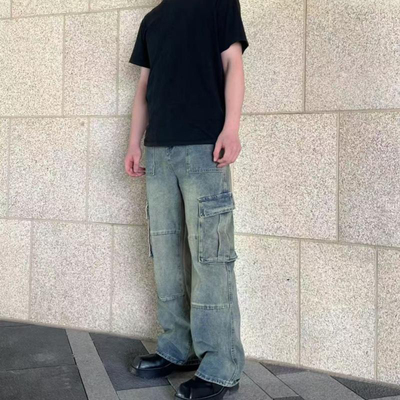 JQ2ALSO 美式复古街头多口袋拼接工装裤宽松做旧牛仔裤长裤男女款
