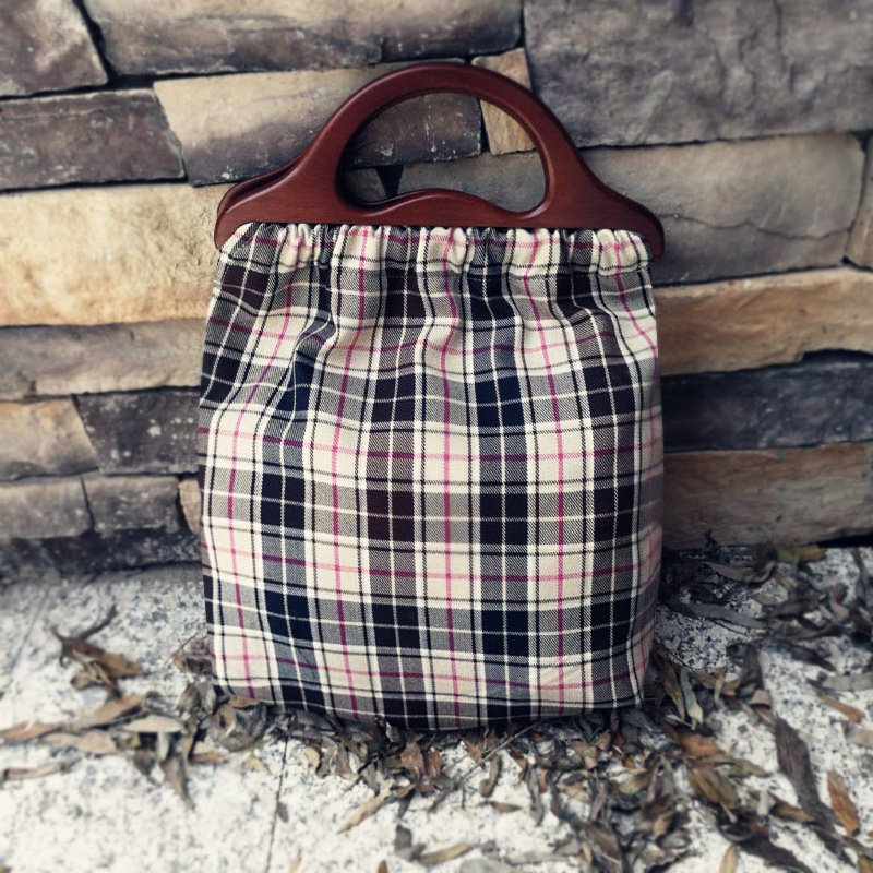 手工木柄文艺大布包格纹禅意棉麻印花复古民族手提拎包购物袋气质