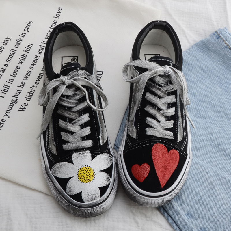 gd涂鸦鞋男做旧黑白经典权志龙同款鞋手绘花脏脏鞋帆布鞋女滑板鞋