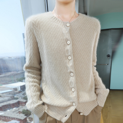 秋冬新款纯色羊毛开衫女宽松外套圆领打底百搭针织加厚山羊绒毛衣