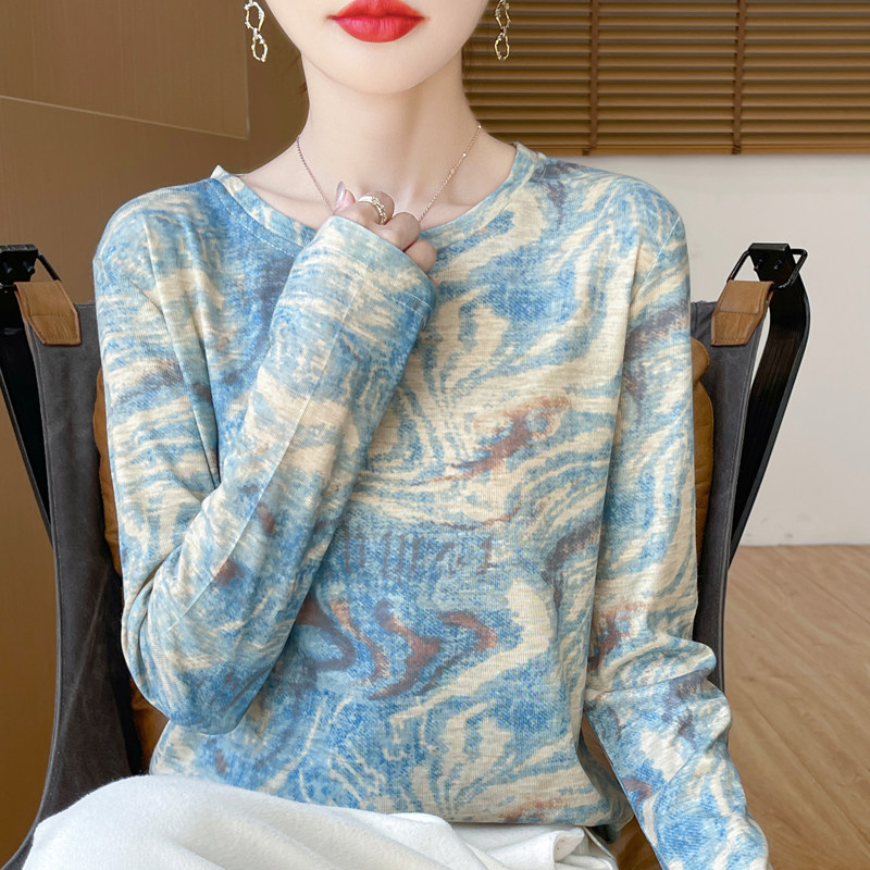 薄款水墨印花长袖t恤打底衫女夏季新款针织毛衣圆领宽松显瘦上衣
