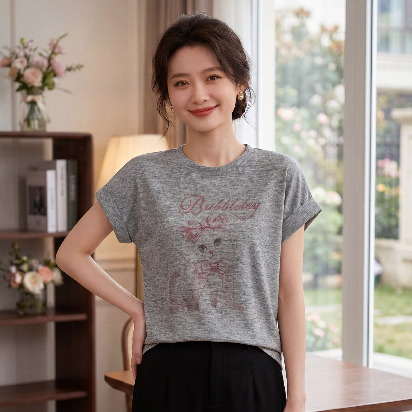 美式卡通印花宽松减龄T恤女夏季新款圆领显瘦短袖洋气针织打底衫