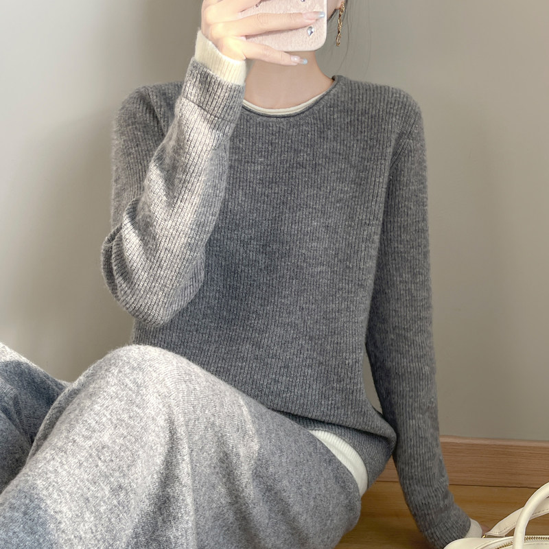 100%纯羊毛衫两件套女圆领拼色假两件针织毛衣宽松休闲阔腿裤套装
