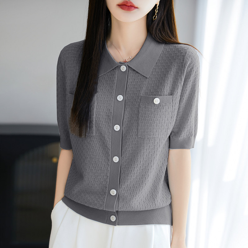 桑蚕丝羊毛polo领针织五分袖开衫女提花短袖T恤宽松半袖带兜打底