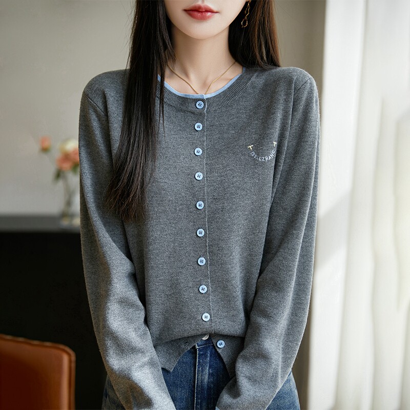 蚕丝羊毛混纺假两件针织衫女开衫圆领长袖撞色拼接宽松休闲薄款衫