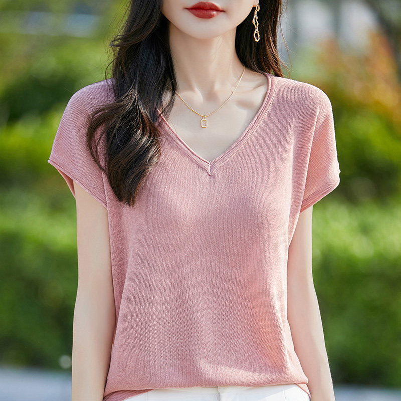 法式V领亚麻针织小飞袖T恤女2026夏季宽松小个子落肩短袖上衣薄款