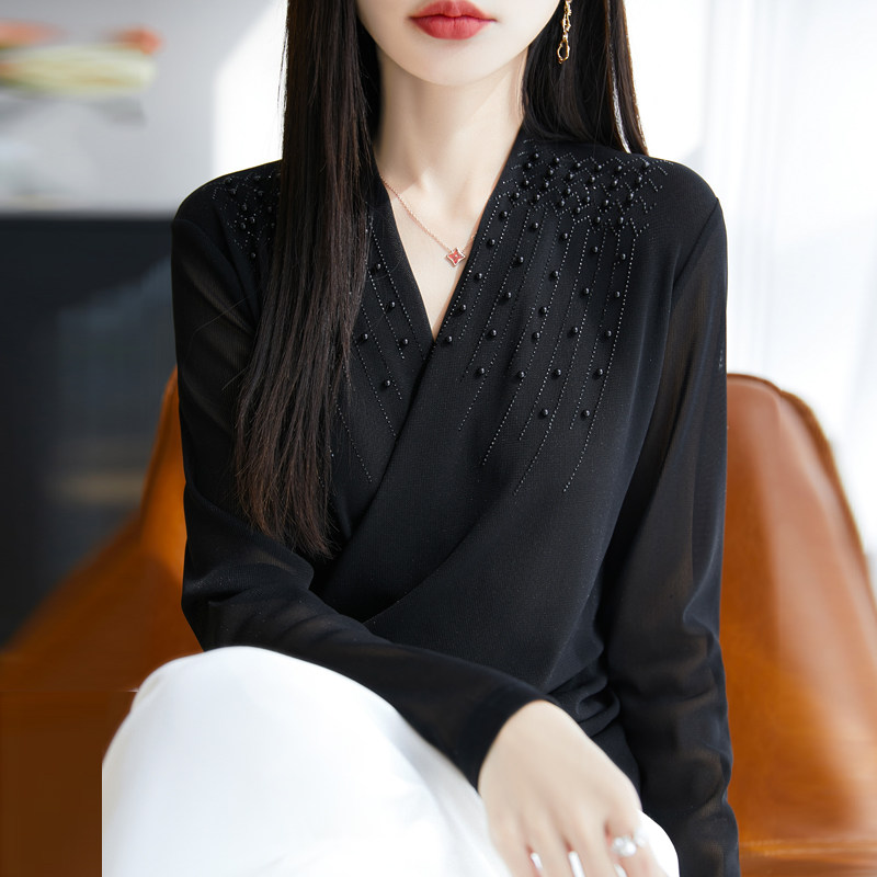 法式交叉钉珠V领纱衣网纱女长袖t恤围裹式显瘦时尚设计感防晒罩衫