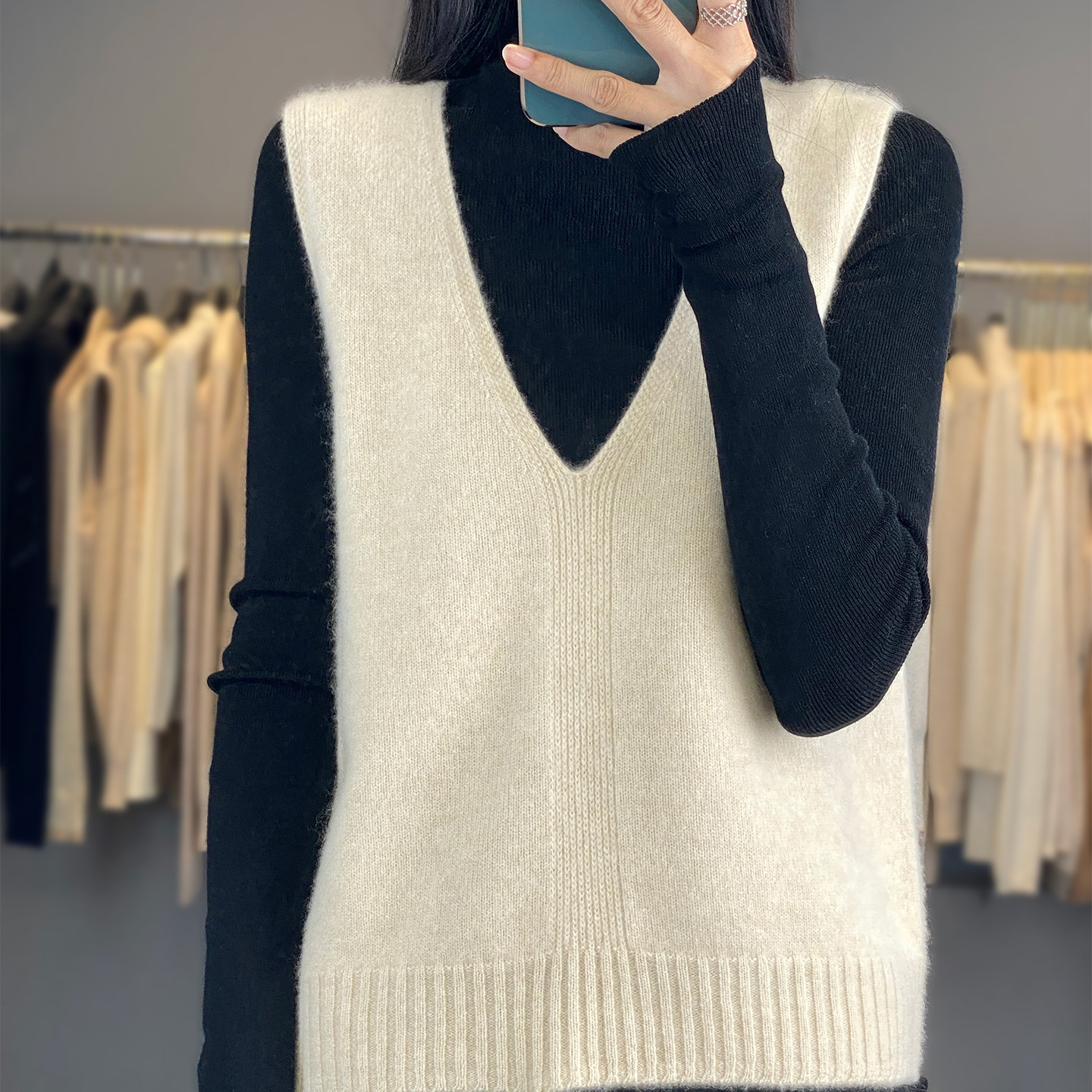 高品质2025秋冬V领100%羊毛衫女士宽松显瘦气质加厚毛衣背心马甲