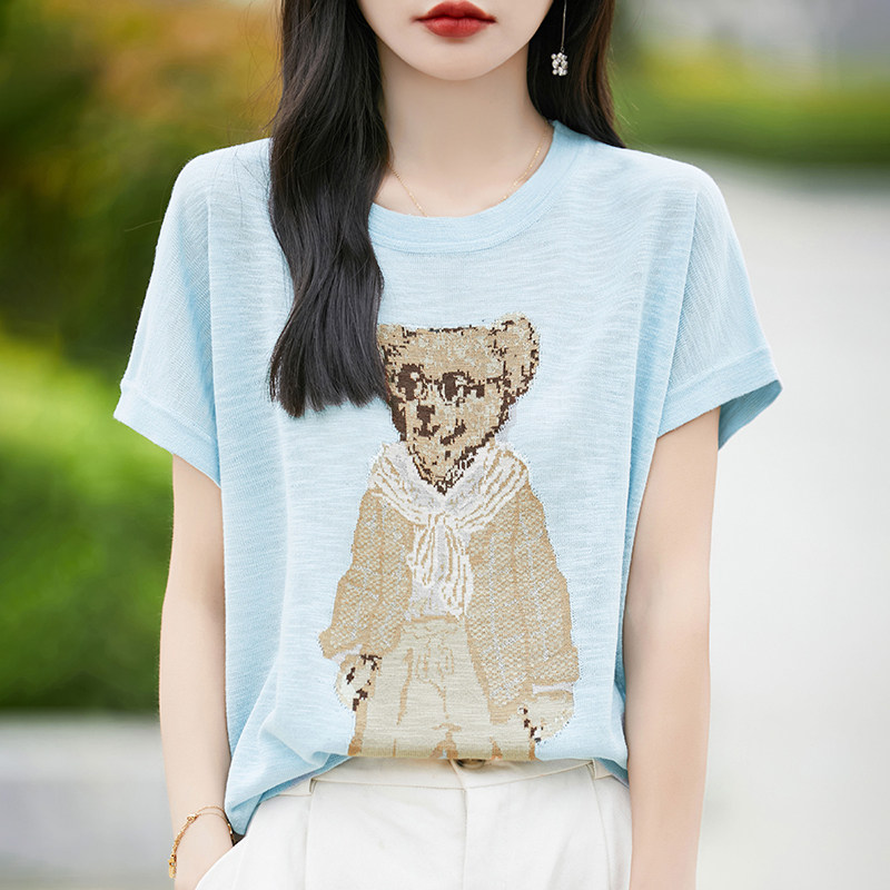 高端夏季新款圆领小熊拼色短袖薄款棉麻t恤女半袖上衣宽松打底衫