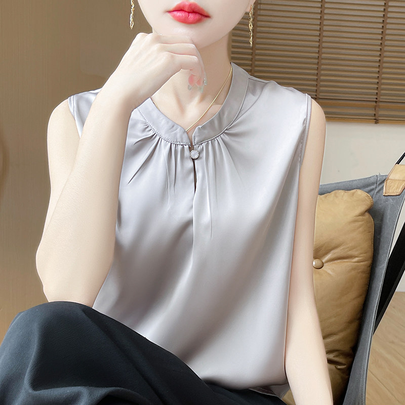 法式时尚无袖缎面衬衫T恤女圆领夏季薄外穿背心砍袖雪纺衬衣上衣