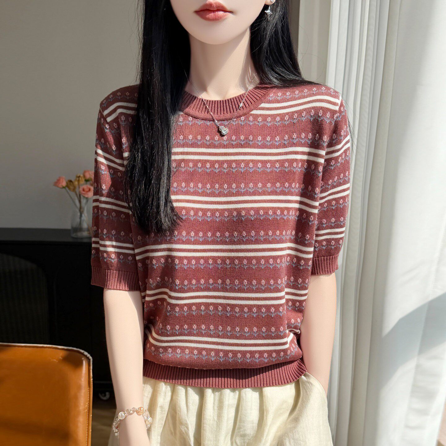 莱赛尔天丝条纹短袖t恤女2026夏季圆领宽松小香风半袖打底衫上衣
