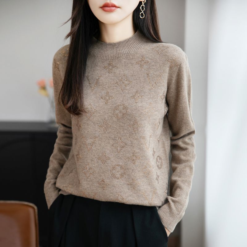 高级感烫钻半高领毛衣女2026秋冬新款宽松显瘦长袖针织打底衫上衣
